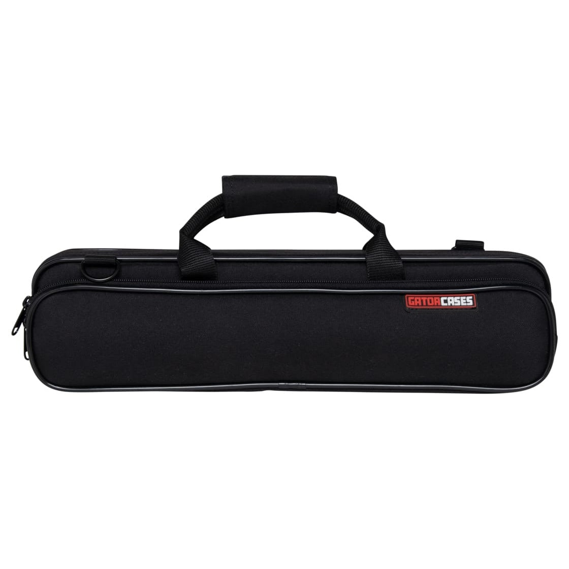 GBB-FLUTE lightweight flute case straight-on front view showing padded carry handle, red Gator Cases logo patch and zippered black shell, Gator
