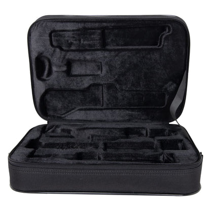 GBB-OBOE oboe case open showing black plush-lined interior with molded compartments for oboe sections and accessories, Gator