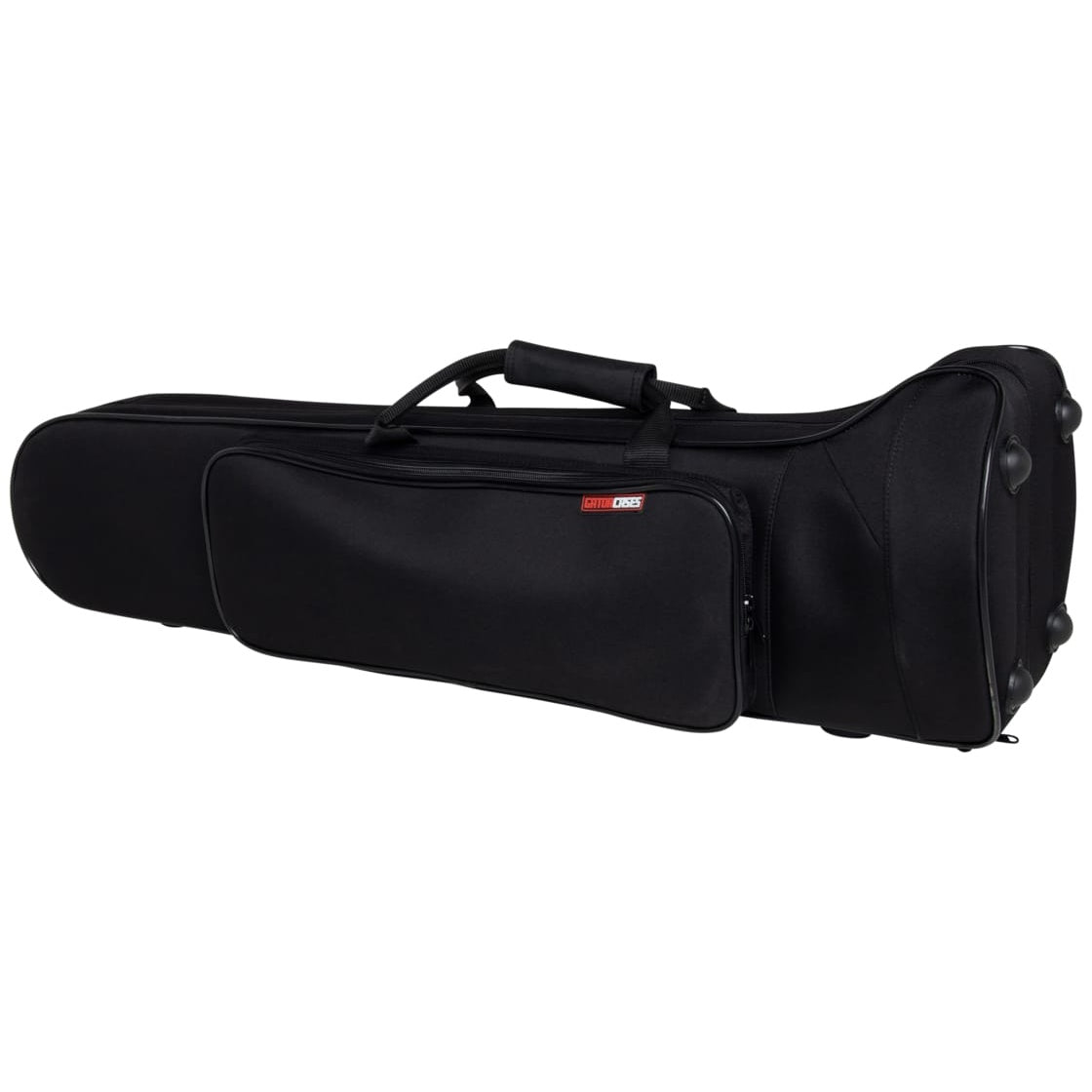 GBB-Trombone lightweight beginner case angled front view showing top carry handle, zippered exterior accessory pocket with red Gator Cases logo and rubber feet on the bell end, Gator