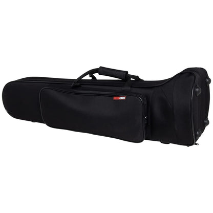 GBB-Trombone lightweight beginner case angled front view showing top carry handle, zippered exterior accessory pocket with red Gator Cases logo and rubber feet on the bell end, Gator
