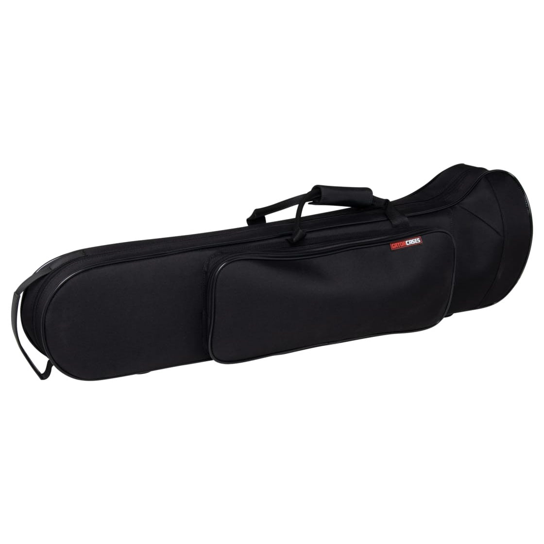 GBB-Trombone lightweight beginner case angled view showing black nylon exterior, accessory pocket with Gator Cases logo and carry handle, with a shoulder strap loop at the slide end, Gator