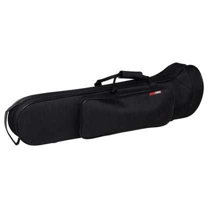 GBB-Trombone lightweight beginner case angled view showing black nylon exterior, accessory pocket with Gator Cases logo and carry handle, with a shoulder strap loop at the slide end, Gator