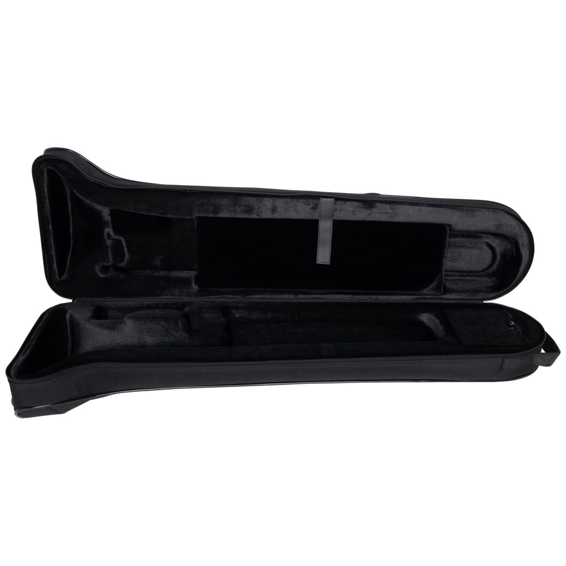 GBB-Trombone lightweight beginner case open showing black plush-lined interior with contoured trombone cutouts and retaining strap, Gator