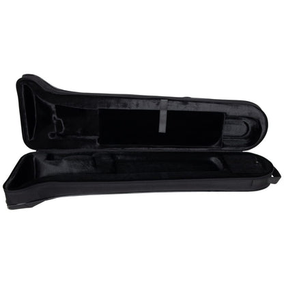 GBB-Trombone lightweight beginner case open showing black plush-lined interior with contoured trombone cutouts and retaining strap, Gator