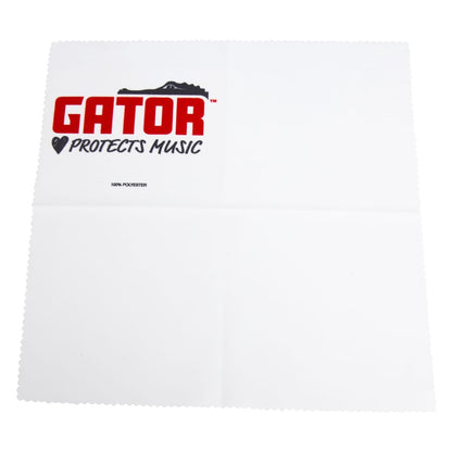 GBNO-POLISHCLOTH-GPM polishing cloth flat view showing scalloped edges, fold creases and red Gator Protects Music logo with 100% polyester label, Gator