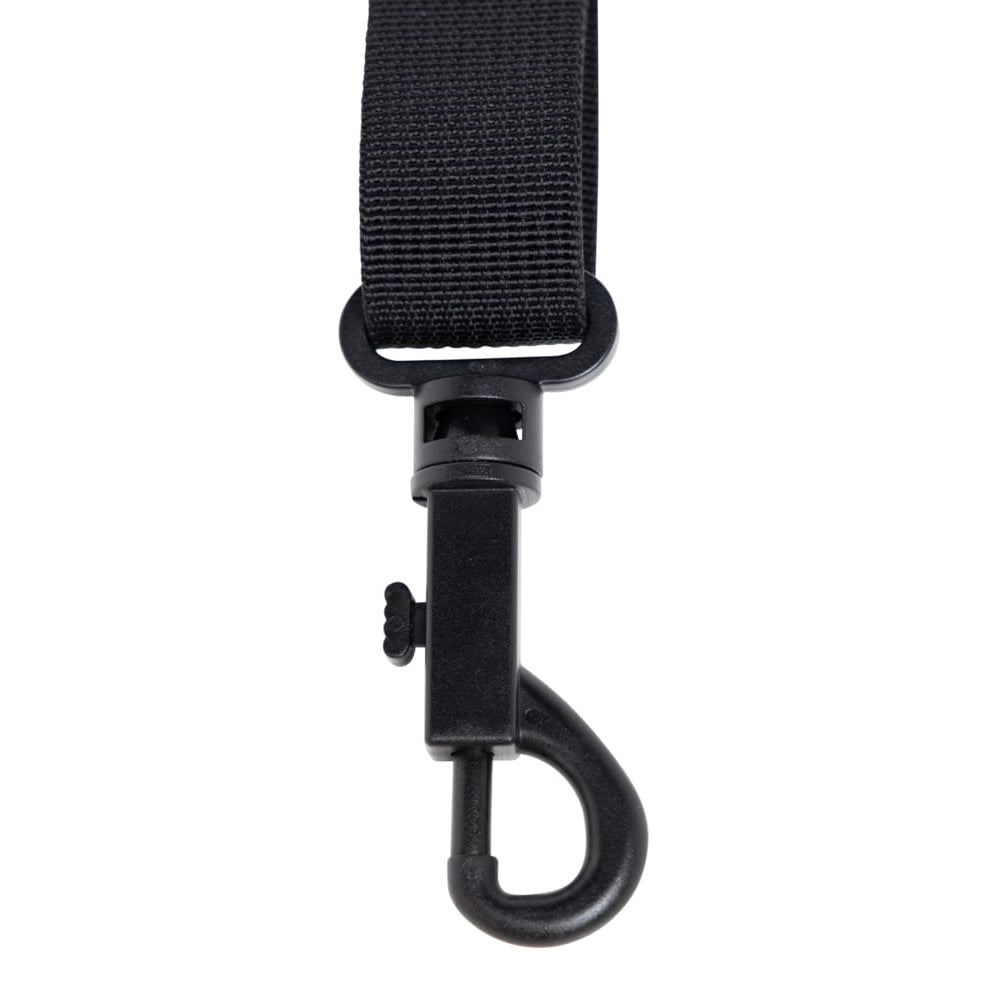 GBNO-SAXSTRAP-BLK sax strap close-up of black plastic swivel snap hook with locking tab and woven webbing loop, Gator
