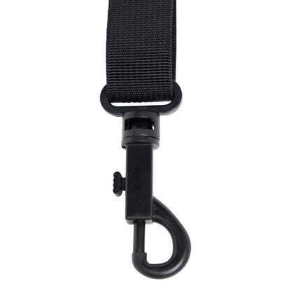 GBNO-SAXSTRAP-BLK sax strap close-up of black plastic swivel snap hook with locking tab and woven webbing loop, Gator