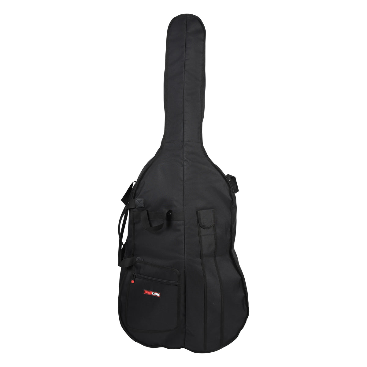 GBO-BASS12 front view of black double bass bag with zippered front pocket, carry handles and red Gator Cases logo patch, Gator