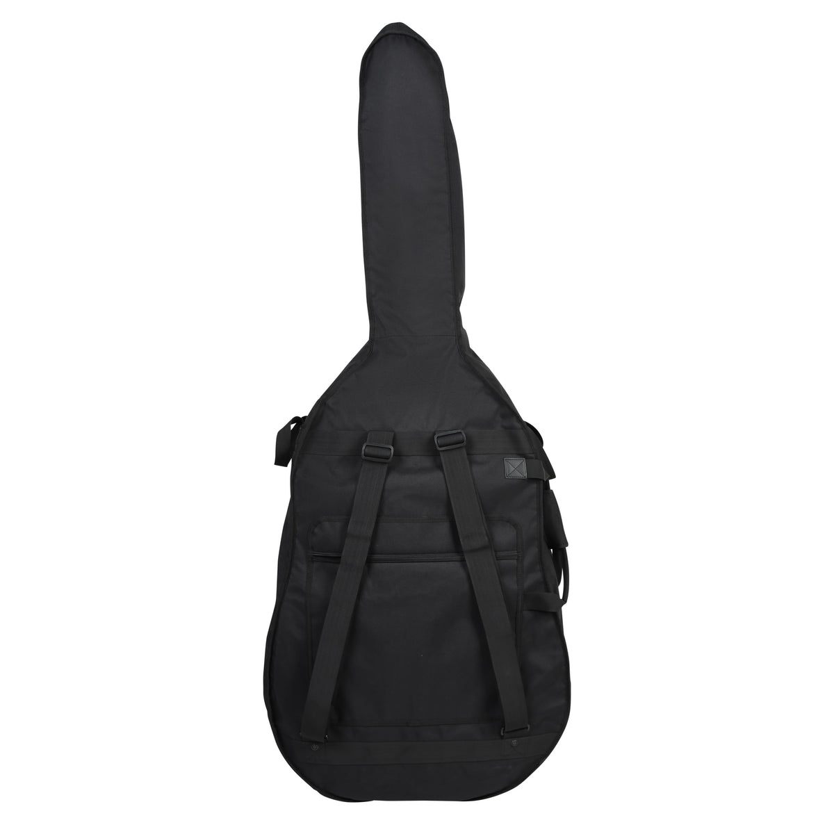 GBO-BASS12 rear view showing padded backpack-style shoulder straps and rear zippered pocket on black double bass bag, Gator