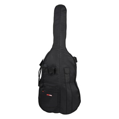 GBO-BASS14 1/4 double bass bag front view showing zippered front pocket with Gator Cases logo patch and carry handles, Gator