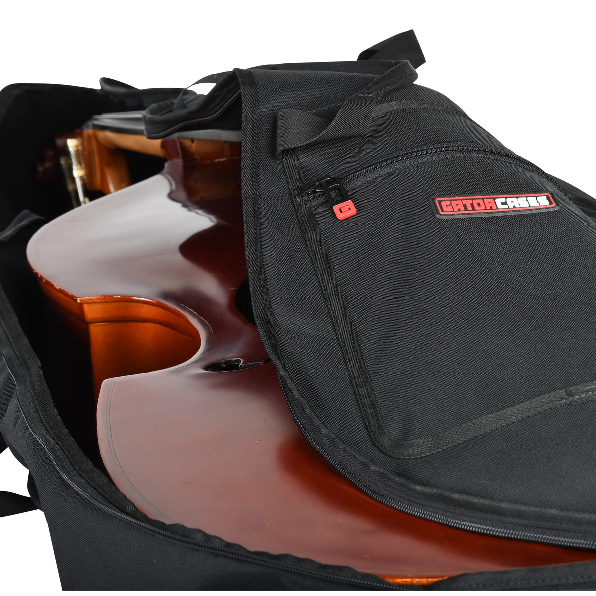 GBO-BASS14 1/4 double bass bag open with front flap folded back showing zippered pocket, red Gator Cases logo and padded interior around the bass, Gator