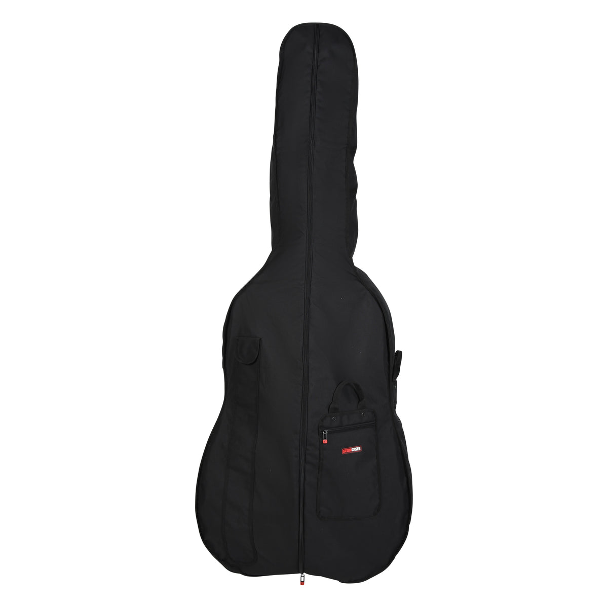 GBO-BASS34 double bass bag front view with full-length center zipper and red Gator Cases logo patch on zippered front pocket, Gator