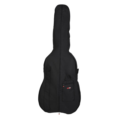 GBO-BASS34 double bass bag front view with full-length center zipper and red Gator Cases logo patch on zippered front pocket, Gator