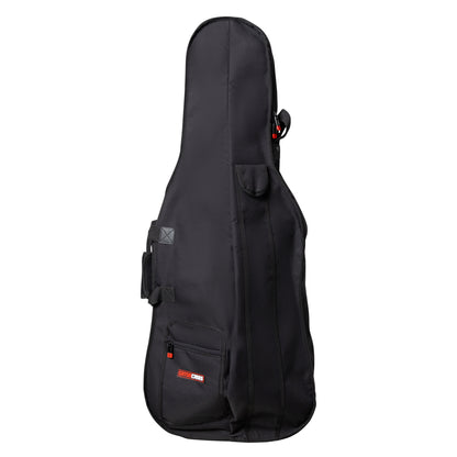 GBO-CELLO12 1/2 cello bag front view with accessory pocket, carry handles and red Gator Cases logo patch, Gator