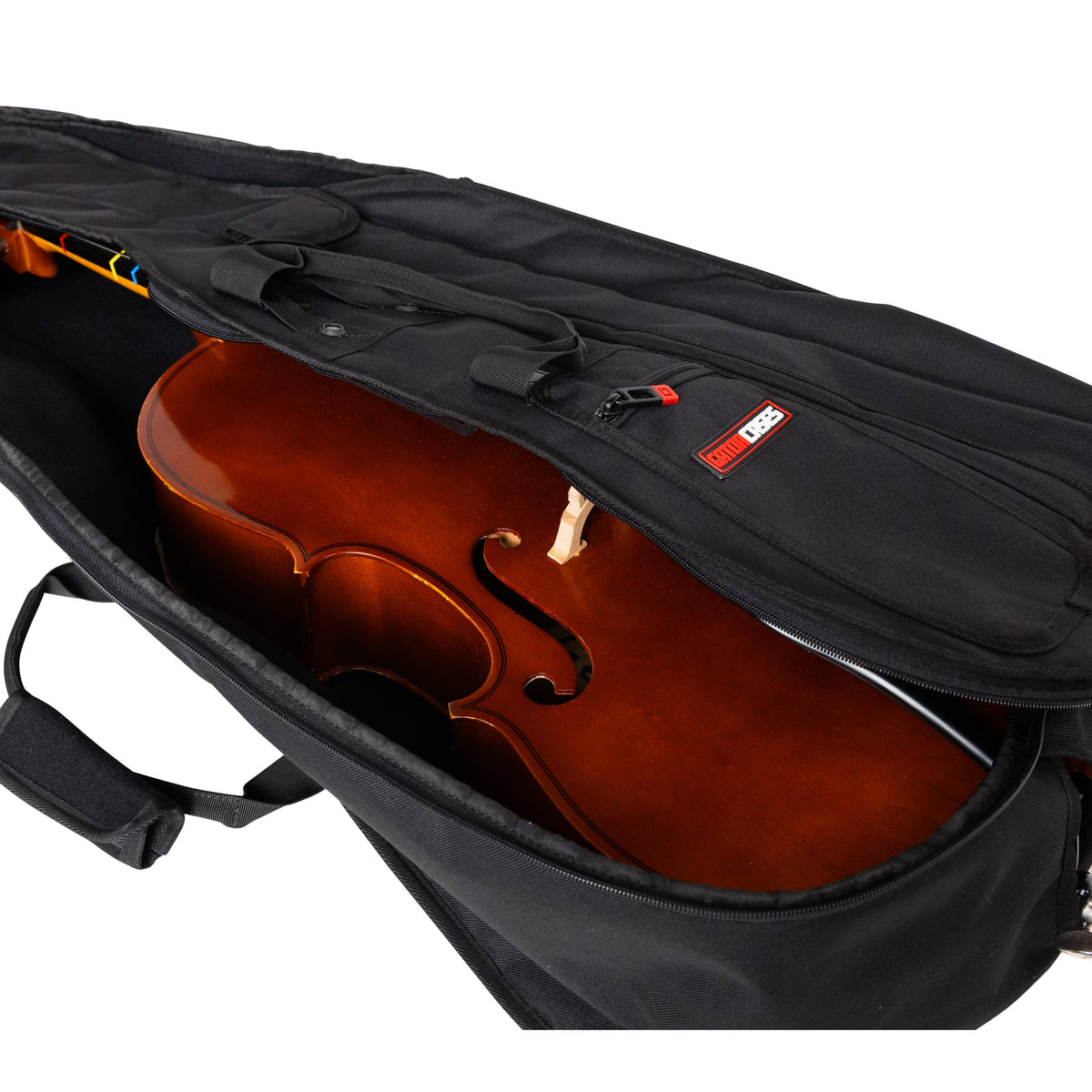 GBO-CELLO12 1/2 cello bag open with cello inside, detail of zippered front pocket and Gator Cases logo patch, Gator