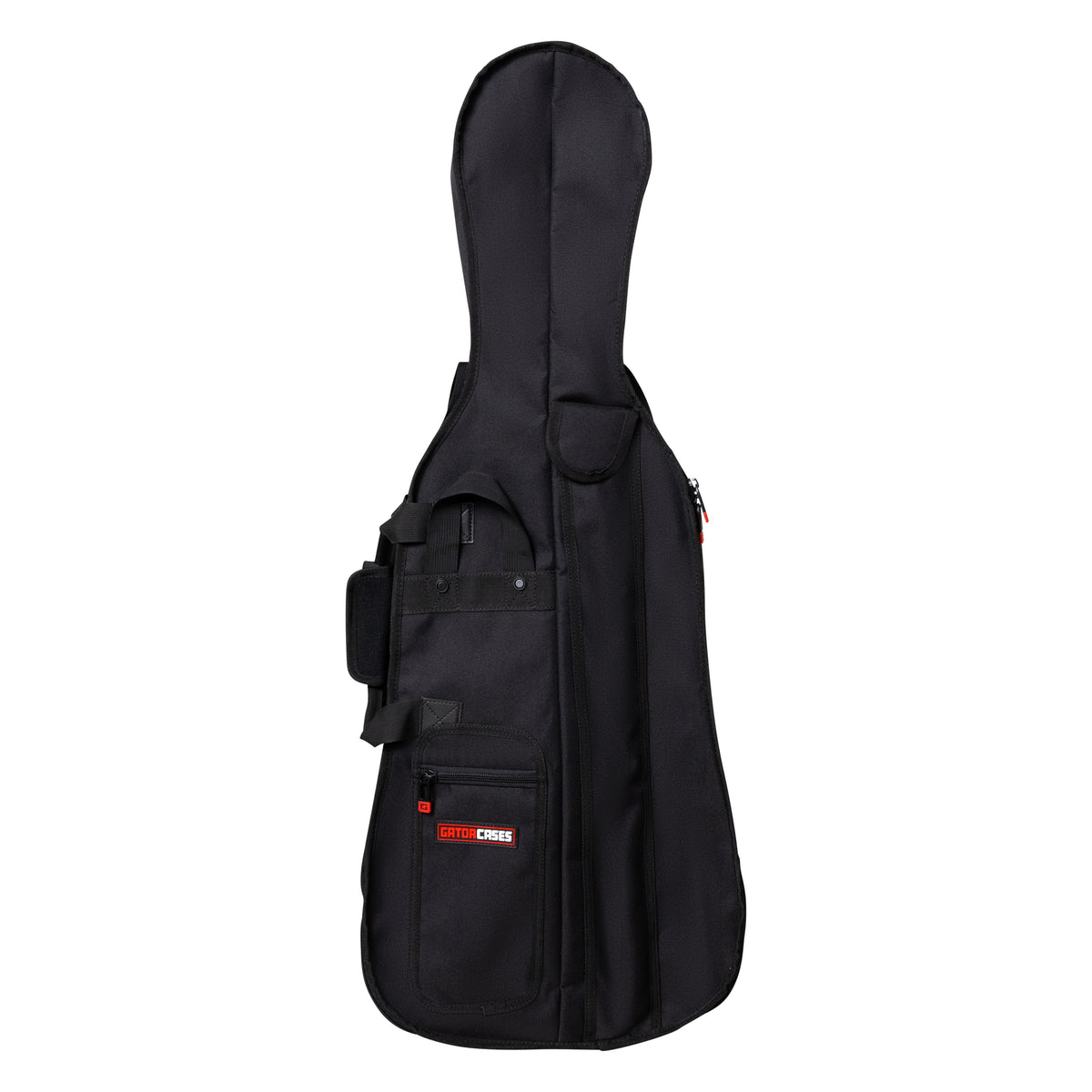 GBO-CELLO14 1/4 cello bag front view showing black nylon exterior, carry handle, side velcro strap and zippered accessory pocket with red Gator Cases logo patch, Gator