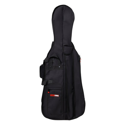 GBO-CELLO14 1/4 cello bag front view showing black nylon exterior, carry handle, side velcro strap and zippered accessory pocket with red Gator Cases logo patch, Gator