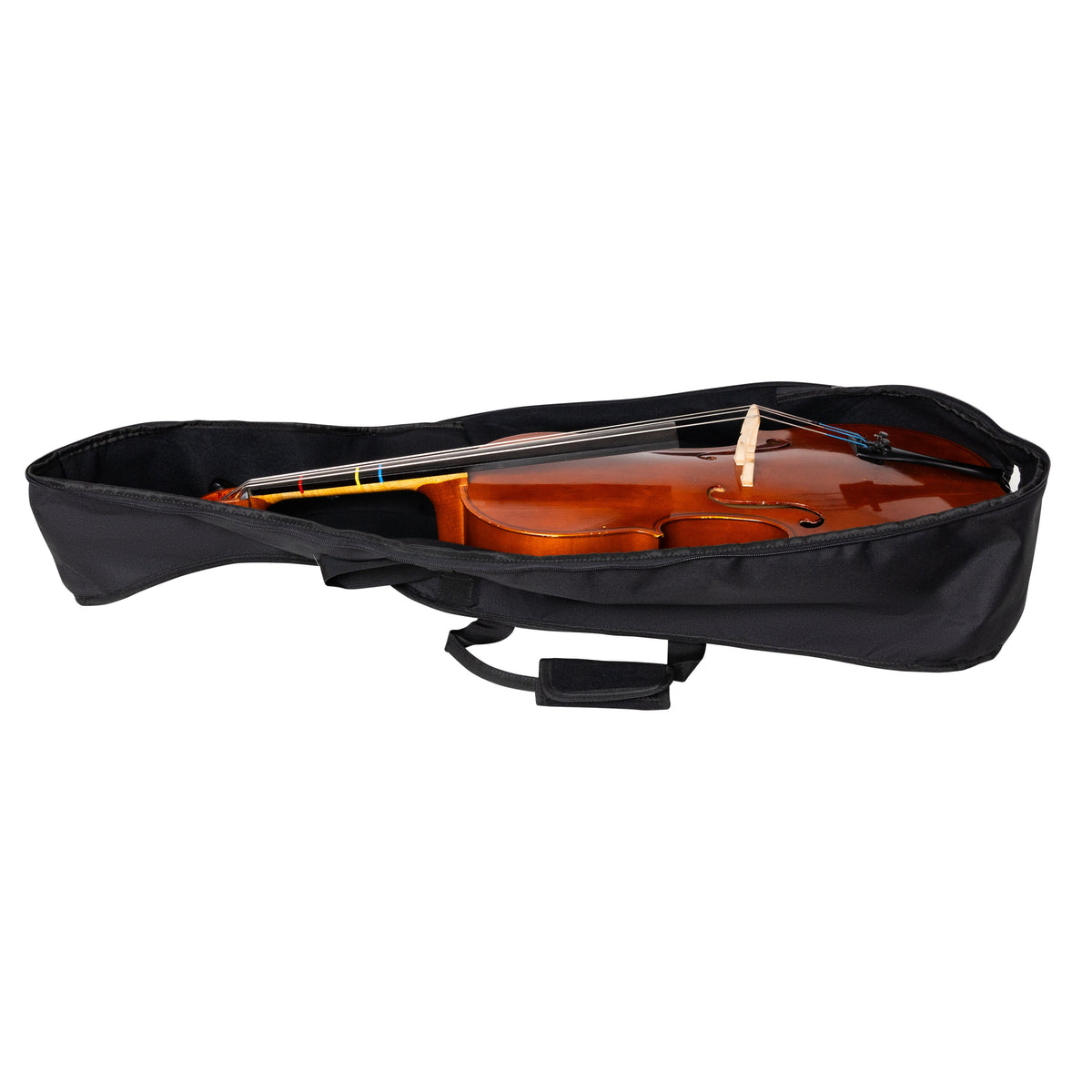 GBO-CELLO14 1/4 cello bag lying open with a cello inside, showing black padded interior and exterior carry handle, Gator