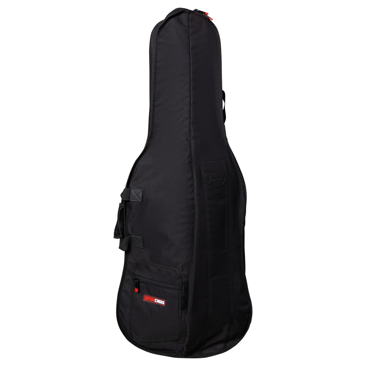 GBO-CELLO34 3/4 cello bag front view showing zippered front pocket with red Gator Cases logo patch and side carry handles, Gator