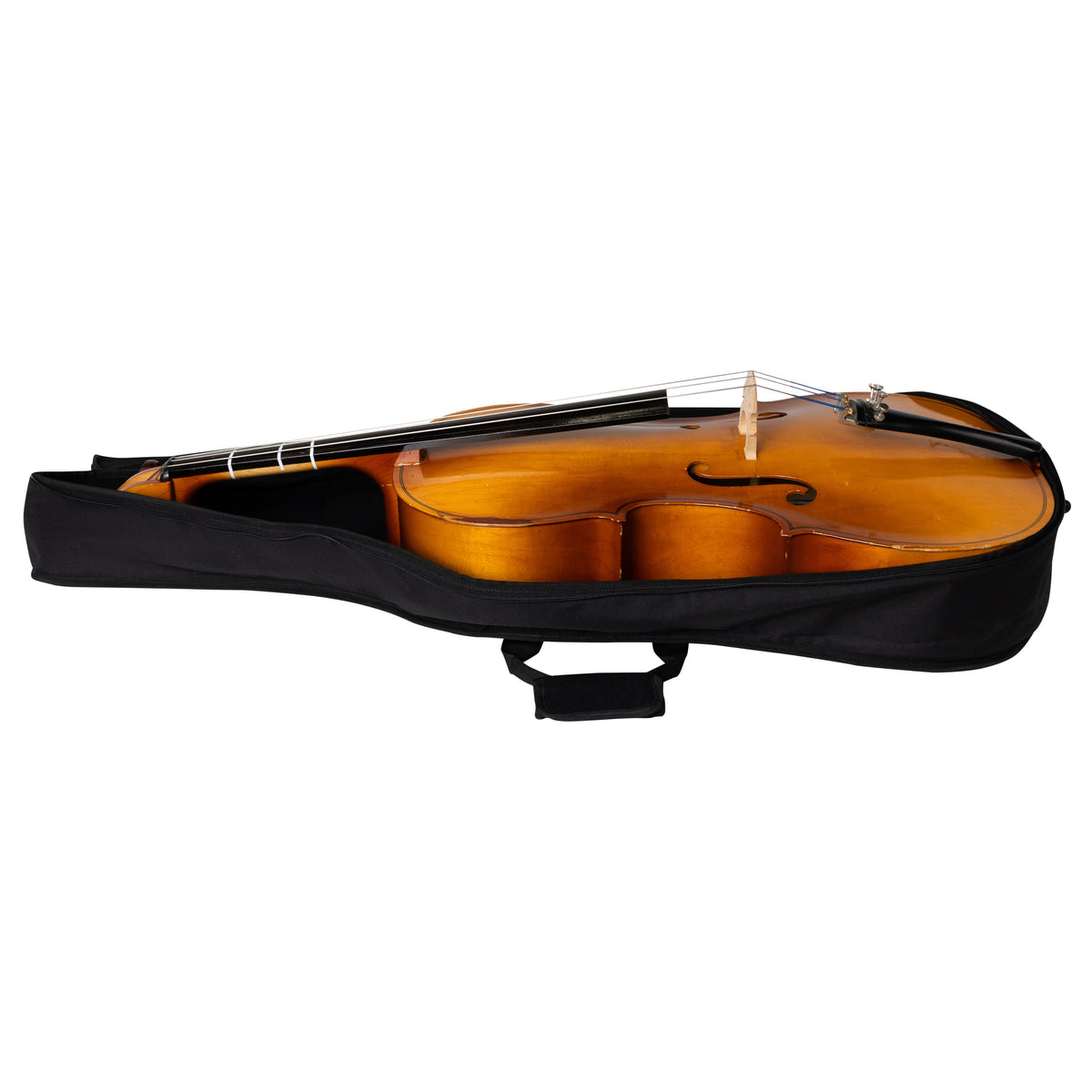 GBO-CELLO34 3/4 cello bag lying flat and unzipped with a cello inside, showing the padded interior and underside carry handle, Gator