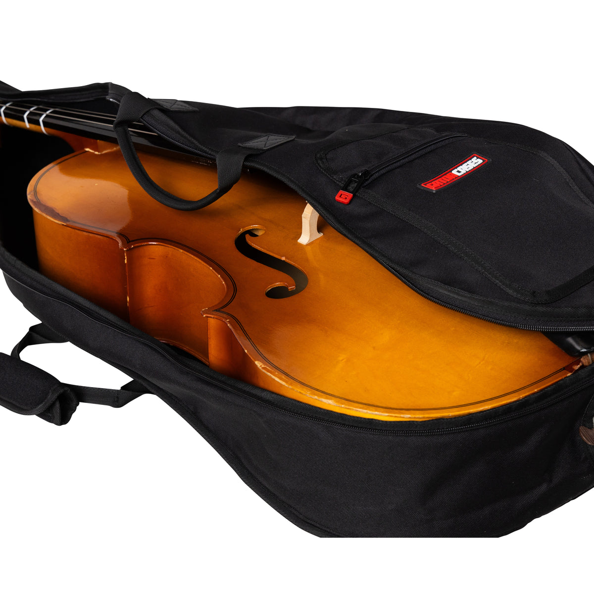 GBO-CELLO34 3/4 cello bag open with cello inside, showing the zippered front pocket with red Gator Cases logo and top carry handle, Gator