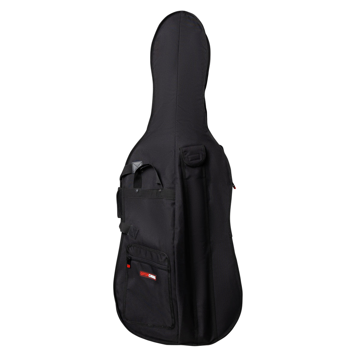 GBO-CELLO44 front view of black 4/4 cello bag with zippered front pocket, Gator Cases logo patch and carry handle, Gator