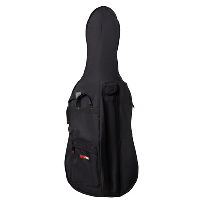 GBO-CELLO44 front view of black 4/4 cello bag with zippered front pocket, Gator Cases logo patch and carry handle, Gator