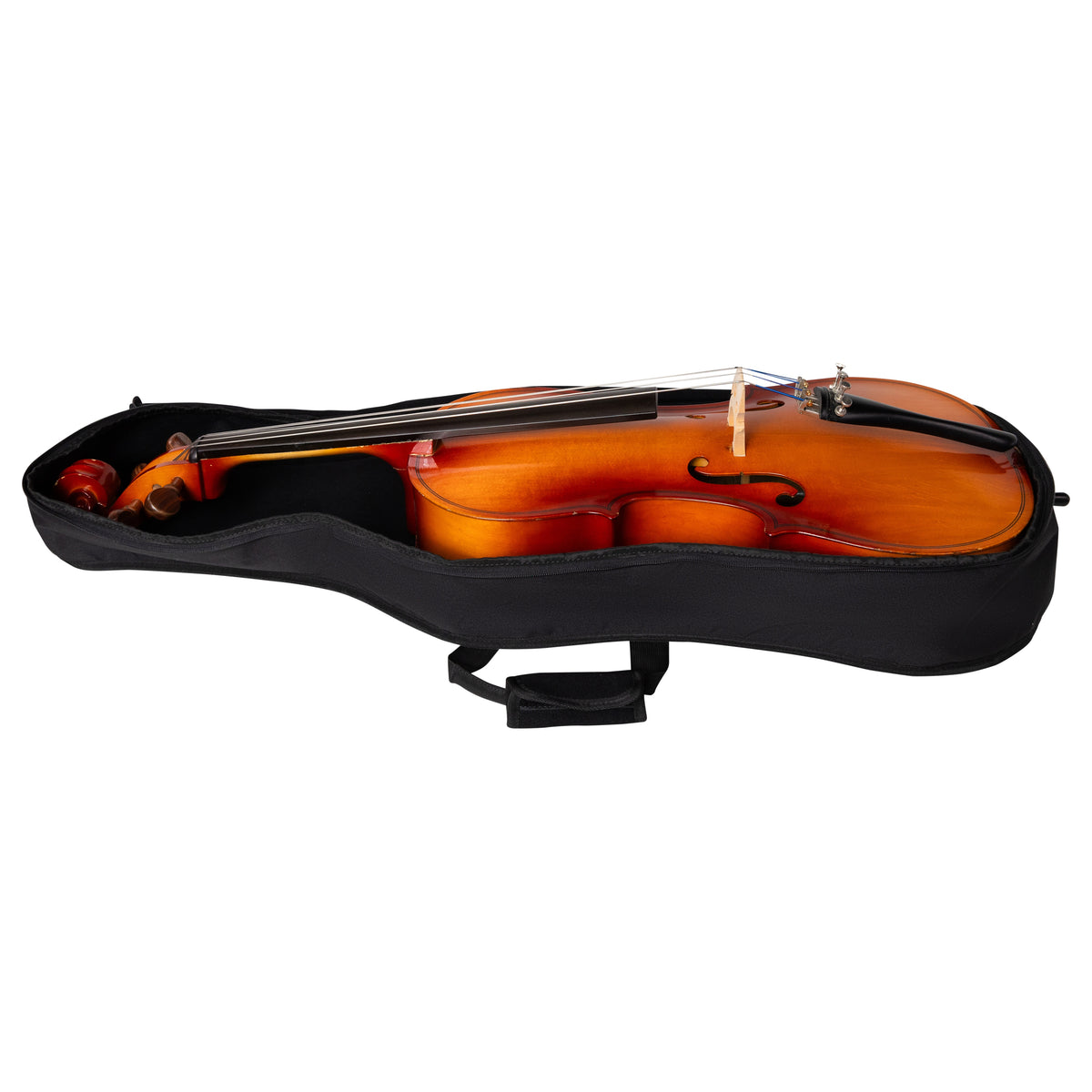 GBO-CELLO44 open bag lying flat with a cello inside, showing the black padded interior and scroll end, Gator