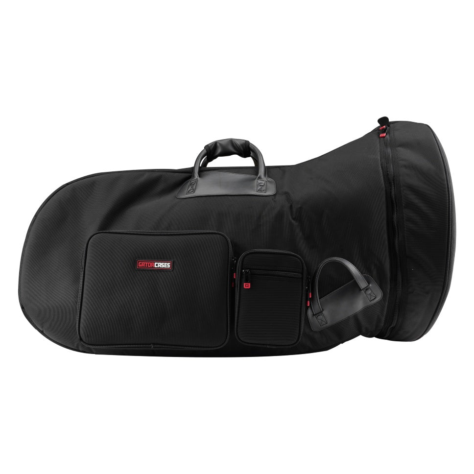 GBPB-TUBA-L large tuba pro bag front view with Gatorcases logo pocket, small zippered accessory pocket and padded leather-trim carry handles, Gator
