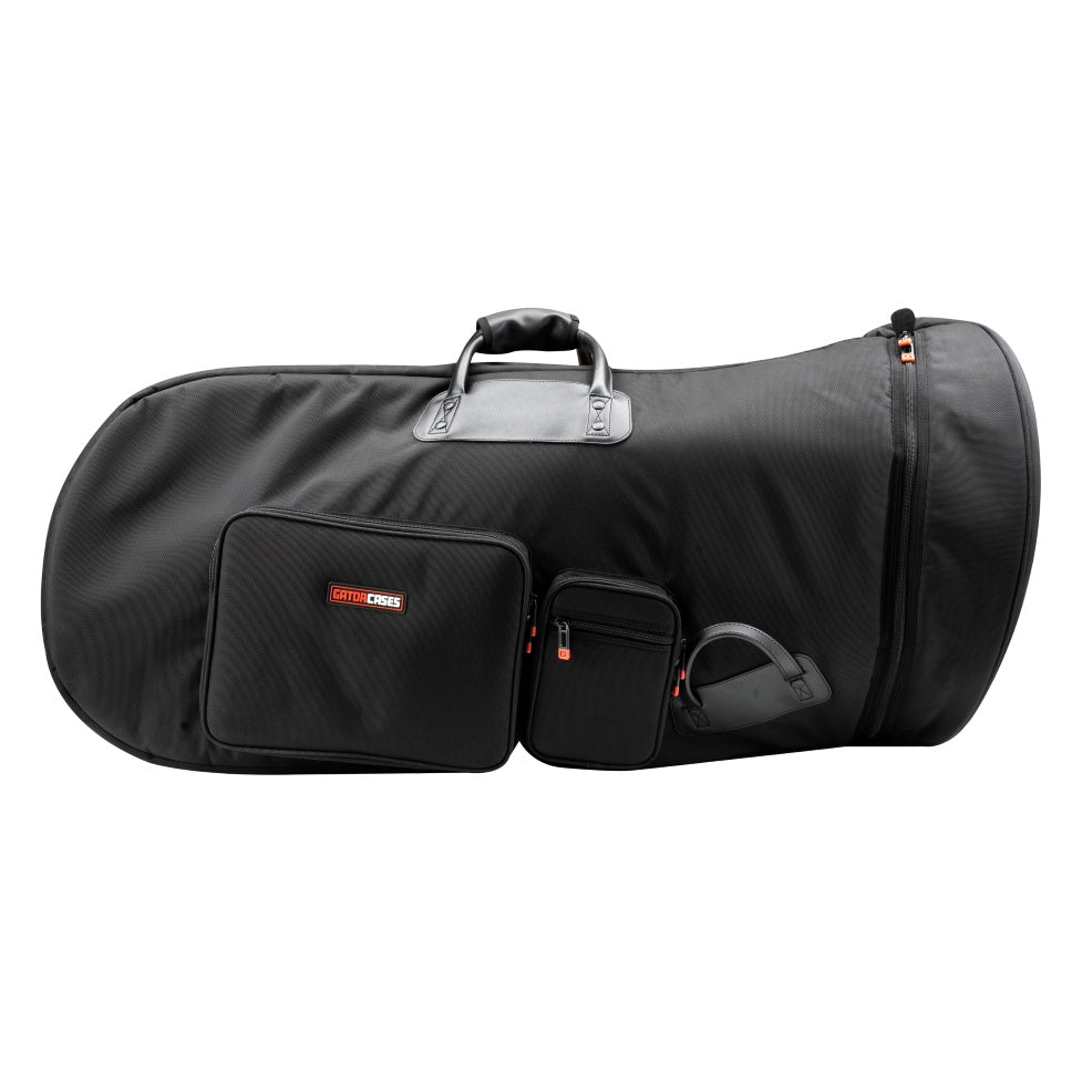GBPB-TUBA-M medium tuba pro bag front view with Gator Cases logo accessory pocket, small zip pouch and padded leather-trim carry handle, Gator