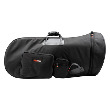 GBPB-TUBA-M medium tuba pro bag front view with Gator Cases logo accessory pocket, small zip pouch and padded leather-trim carry handle, Gator