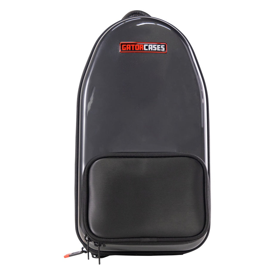 GBPC-CLARINET Pro clarinet case front view with glossy black molded shell, red GatorCases logo badge and zippered accessory pocket, Gator