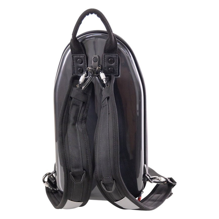 GBPC-CLARINET Pro clarinet case rear view showing padded backpack shoulder straps with locking carabiner clips, D-rings and top carry handle, Gator