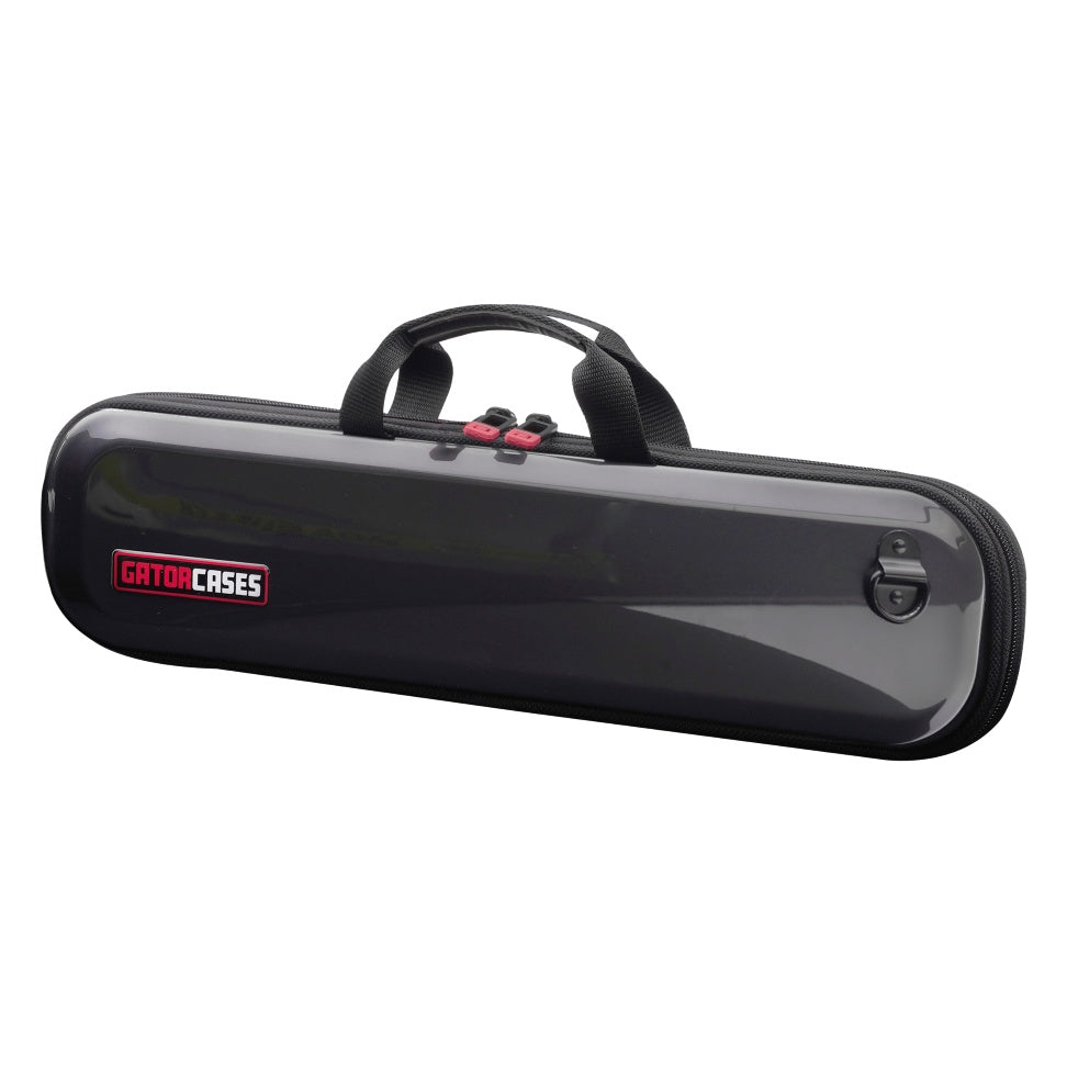 GBPC-FLUTE pro flute case front three-quarter view with glossy dark shell, red GatorCases logo, carry handle and red zipper pulls, Gator