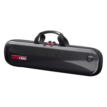 GBPC-FLUTE pro flute case front three-quarter view with glossy dark shell, red GatorCases logo, carry handle and red zipper pulls, Gator