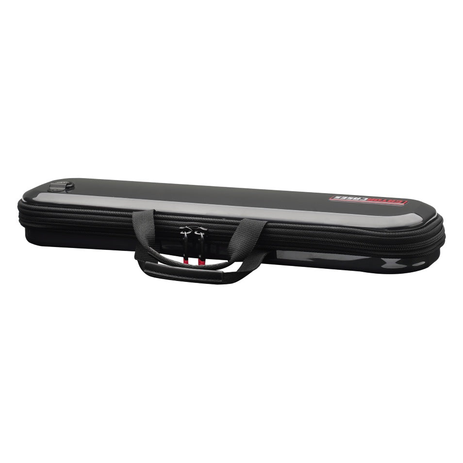GBPC-FLUTE pro flute case side view lying flat showing zipper seam, woven carry handle and red-accented zipper pulls, Gator