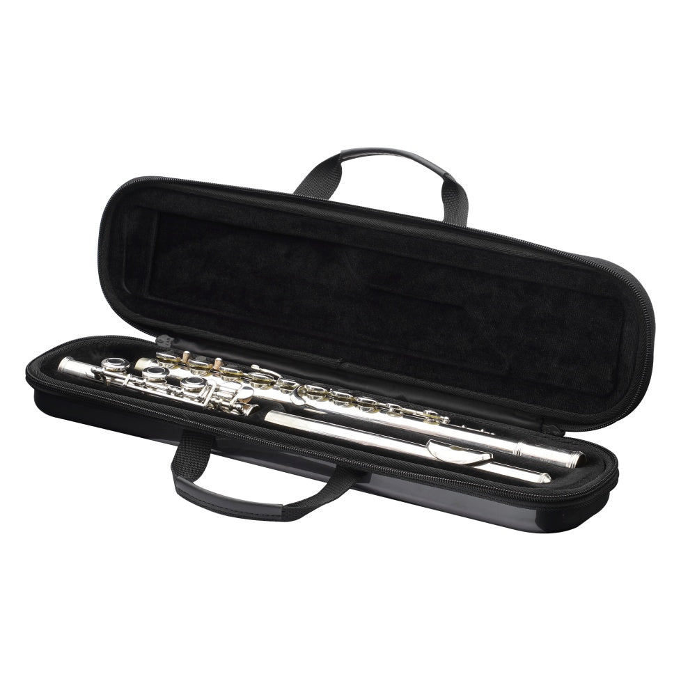 GBPC-FLUTE pro flute case open showing silver flute secured in black plush-lined interior with lid-mounted handle, Gator