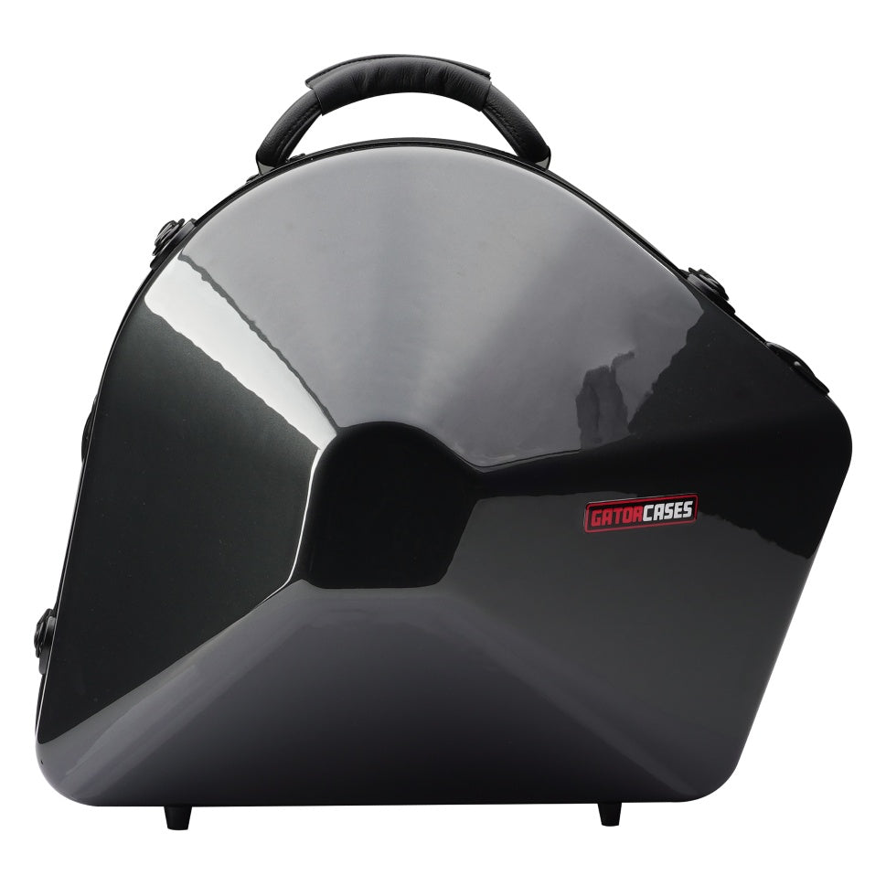 GBPC-FRHORN-DB French horn case front view with glossy black shell, padded leather top handle and red Gator Cases logo badge, Gator
