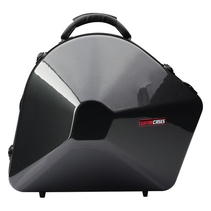 GBPC-FRHORN-DB French horn case front view with glossy black shell, padded leather top handle and red Gator Cases logo badge, Gator
