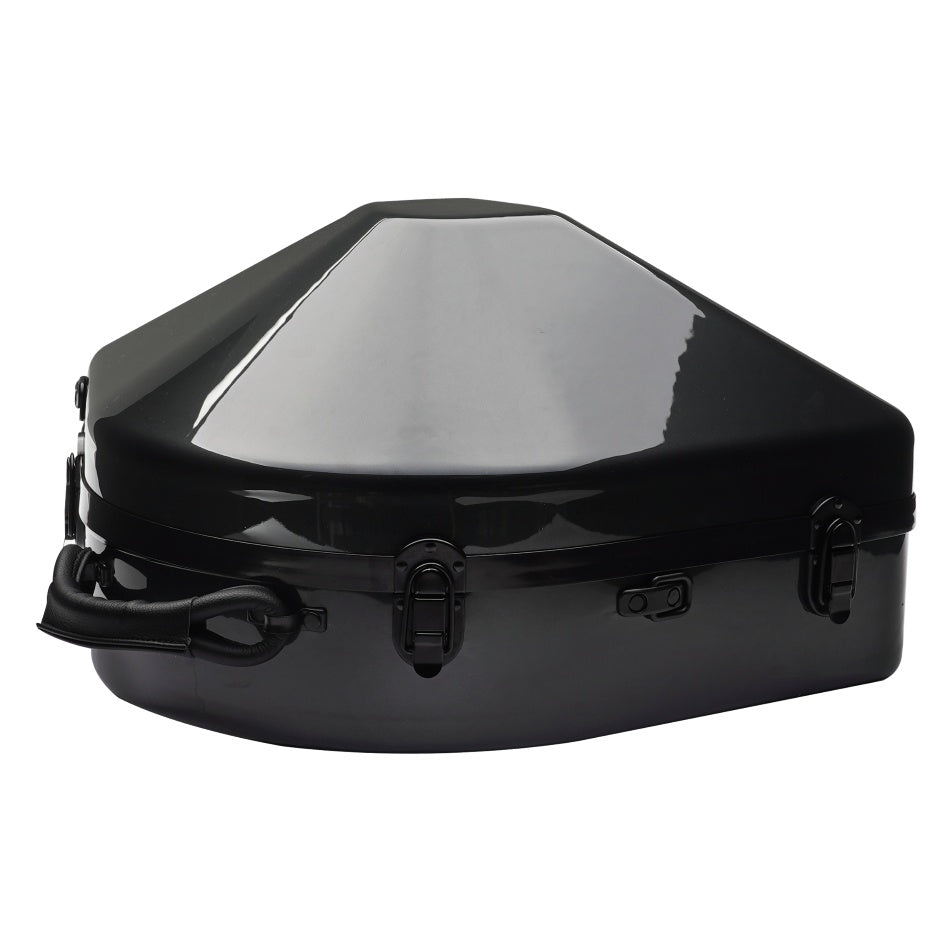GBPC-FRHORN-DB French horn case side view showing black latches along the shell seam and wrapped leather side handle, Gator