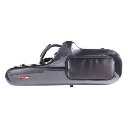 GBPC-TENORSAX tenor sax case front view with glossy graphite shell, zippered exterior pocket and red Gator Cases logo badge, Gator