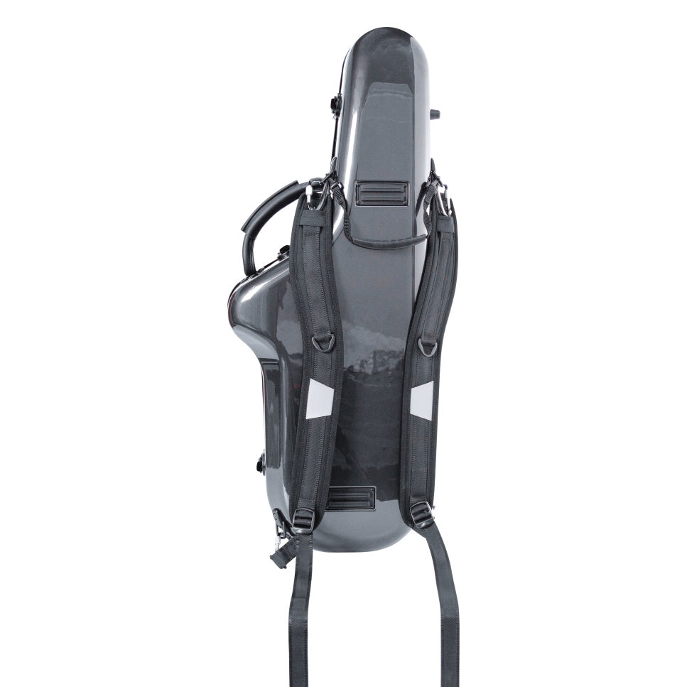 GBPC-TENORSAX tenor sax case rear view with padded backpack shoulder straps, reflective strips and carry handle, Gator