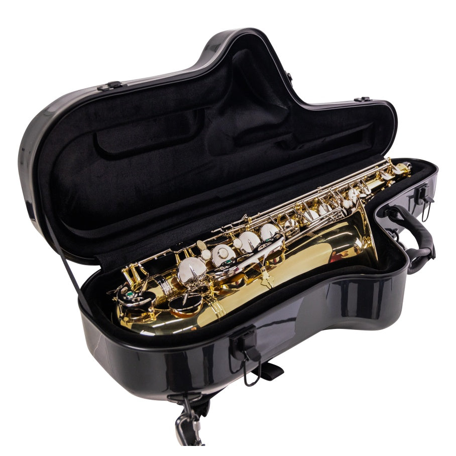GBPC-TENORSAX tenor sax case open showing black plush-lined interior holding a brass tenor saxophone, Gator