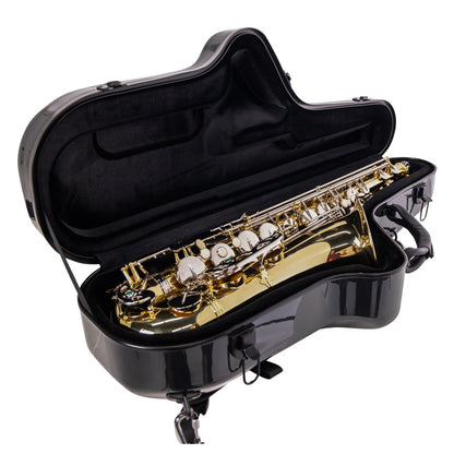 GBPC-TENORSAX tenor sax case open showing black plush-lined interior holding a brass tenor saxophone, Gator