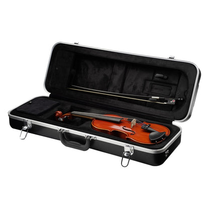 GC-VIOLIN14-23 hardshell 1/4 violin case open, interior view with plush black lining holding a violin and two bows, chrome latches and carry handle, Gator