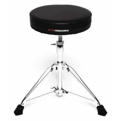 GFW-DRUMTHRONE-R round-top drum throne front view with black vinyl seat, Gator Frameworks logo and chrome tripod base with rubber feet, Gator