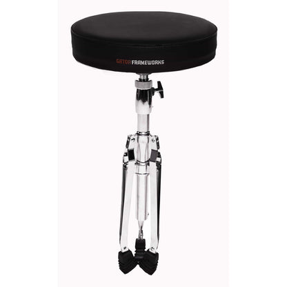 GFW-DRUMTHRONE-R round-top drum throne with tripod legs folded in, showing height adjustment tightening knob and chrome post, Gator