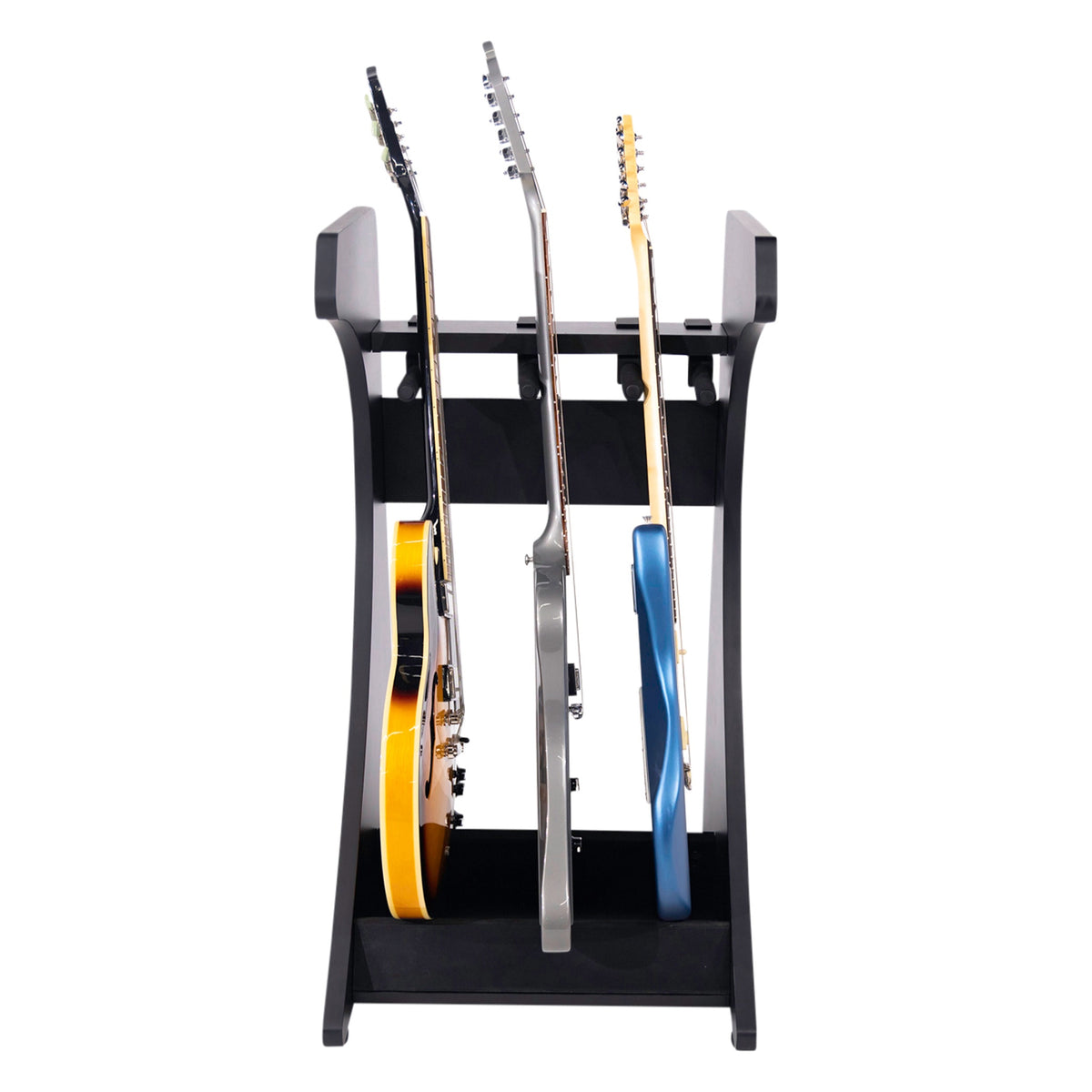 Elite Three guitar rack front view holding three electric guitars upright between curved black side panels with padded neck supports, Gator