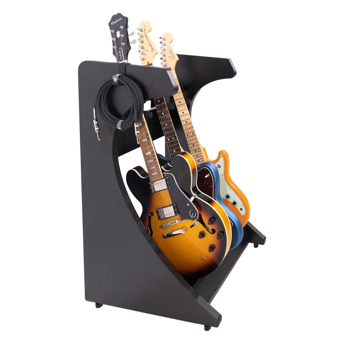 Elite Three guitar rack angled side view with three guitars racked and a coiled instrument cable hung on the side panel cable hook, Gator