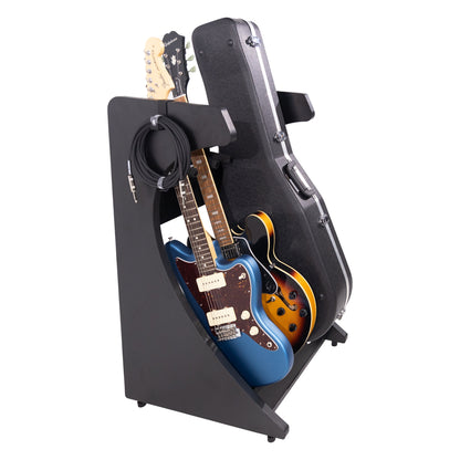 Elite Three guitar rack angled view loaded with two electric guitars and a hardshell guitar case stored upright in the rear slot, Gator